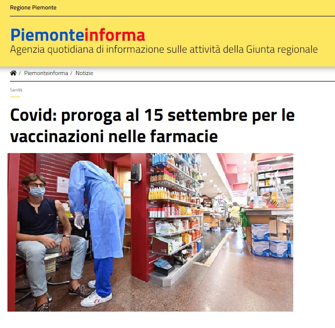 Prorogata al 15 settembre la somministrazione di vaccini anti-Covid nelle farmacie piemontesi